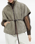Brunello Cucinelli Curly Shearling Short Sleeve Outerwear with Shiny Zipper Pull