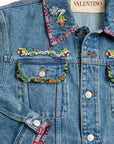 Valentino Bead-Embellished Floral-Trimmed Denim Jacket
