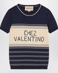 Blue ribbed top with Chez Valentino embroidery