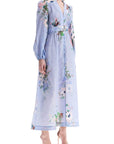 Zimmermann light blue watercolor floral midi dress with deep v neckline