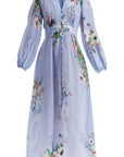 Zimmermann light blue watercolor floral midi dress with deep v neckline