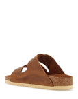 Birkenstock oiled leather cognac slippers with large golden buckles