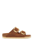 Birkenstock oiled leather cognac slippers with large golden buckles