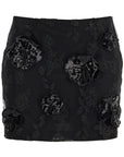 Rotate mini skirt in recycled black polyester mesh with floral pattern