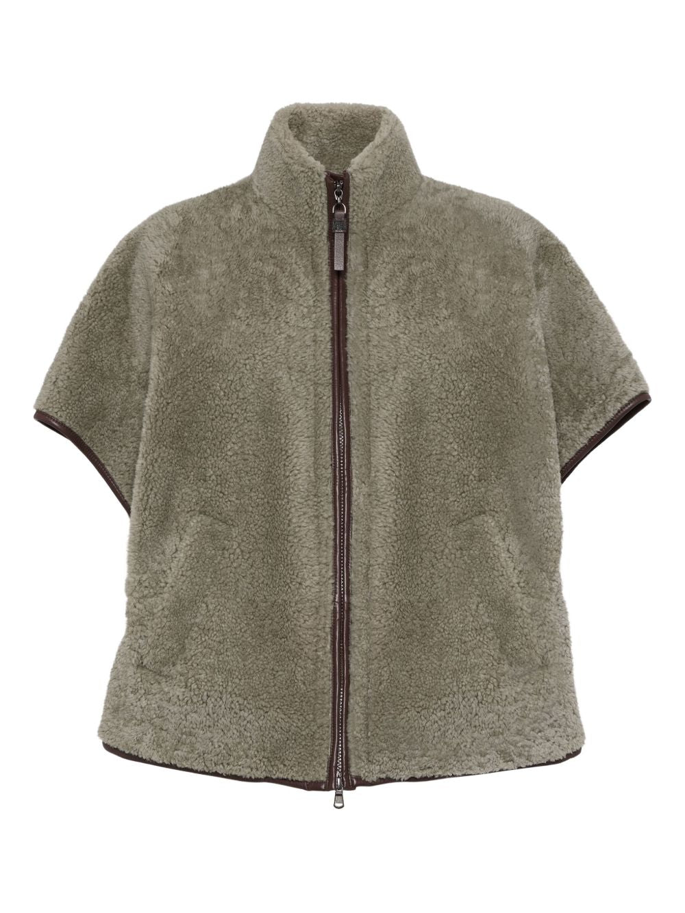 Brunello Cucinelli Curly Shearling Short Sleeve Outerwear with Shiny Zipper Pull