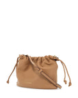 Strathberry charlotte bucket bag in caramel nappa with drawstring and shoulder strap