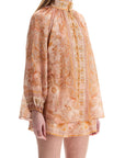 Zimmermann cream and pink high neck paisley blouse in rayon with long sleeves