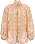 Zimmermann cream and pink high neck paisley blouse in rayon with long sleeves