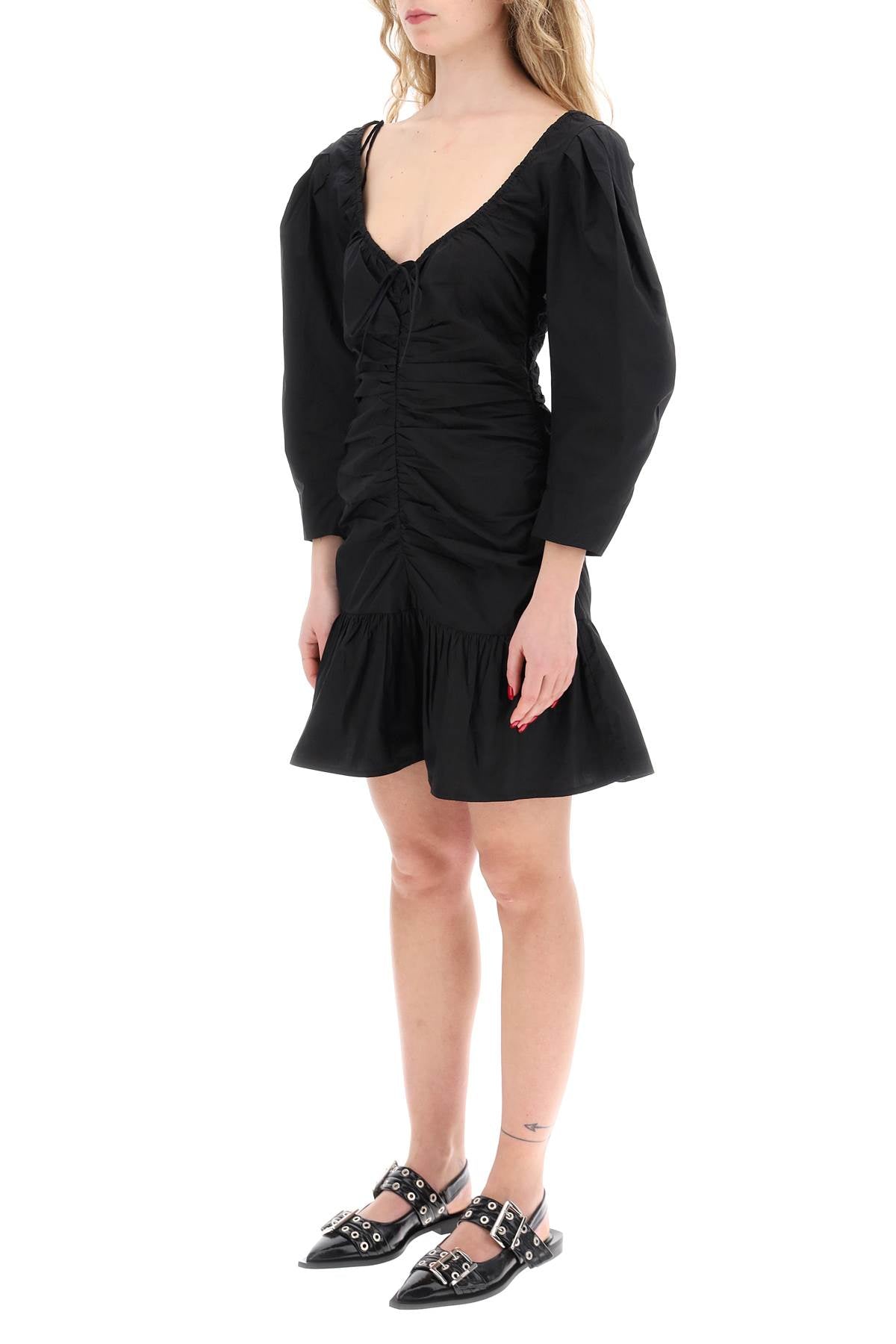 Ganni Mini Poplin Dress With Curved Sleeves   Black