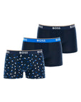 Boss dark blue and patterned slim fit boxer set 3 pieces stretch cotton