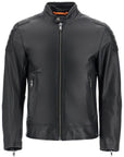 Boss black leather jacket with high collar and quilted details