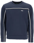 Boss men's dark blue round neck sweatshirt with long sleeves and embroidered logo