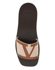 Valentino Garavani women's slippers in natural fabric and leather/tobacco with wide check pattern strap