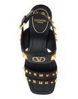 Valentino Garavani black buffalo leather sandals with golden studs and square heel