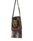 Valentino Garavani multicolored floral crossbody bag in dark brown with fringes