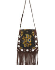 Valentino Garavani multicolored floral crossbody bag in dark brown with fringes