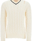 Marni white cotton sweater with cable knit v-neck