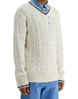 Marni white cotton sweater with cable knit v-neck