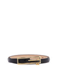 Alessandra Rich slim black leather belt with logo charm and brass buckle 1.5 cm