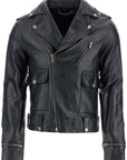 Golden Goose black waxed leather biker jacket with zip