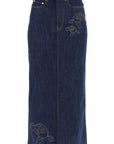 Ganni maxi denim skirt with pink embroidery