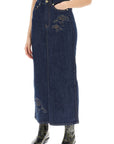 Ganni maxi denim skirt with pink embroidery