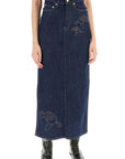 Ganni maxi denim skirt with pink embroidery