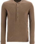 Tom Ford henley t-shirt in moss green modal cotton with mother-of-pearl buttons