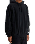 Y-3 black cotton and recycled polyester hoodie with white raglan stripes