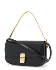 A.P.C. elegant black leather clutch with shoulder strap and gold chain